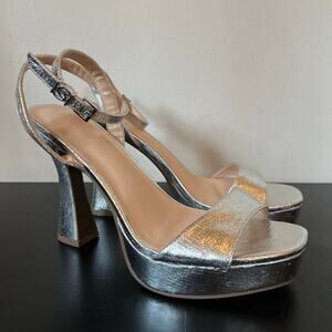 Bebe Metallic Silver Platform Ankle Strap Open Toe Heeled Sandals 9
